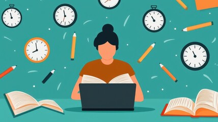 A student studying with books and a laptop surrounded by clocks and pens, representing time management and learning.