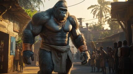 A colossal, muscular gorilla-like creature adorned with tribal jewelry wanders through an ancient village, surrounded by curious villagers amid palm trees.