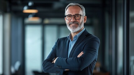 Fototapeta premium Confident and professional mature businessman in an office setting, arms crossed, high-quality portrait