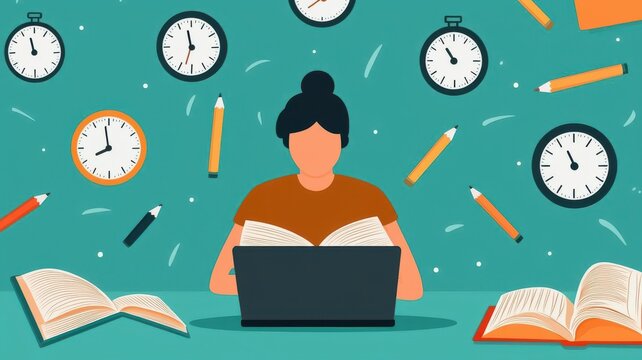 A student studying with books and a laptop surrounded by clocks and pens, representing time management and learning.