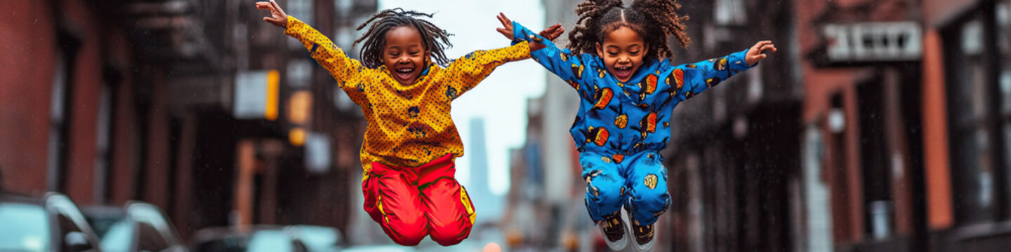 Two young African American siblings jumping double dutch on a city street, wearing colorful outfits