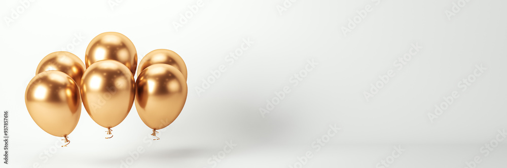 Poster Golden balloons isolated on white background in wide panoramic view. 3D Rendering