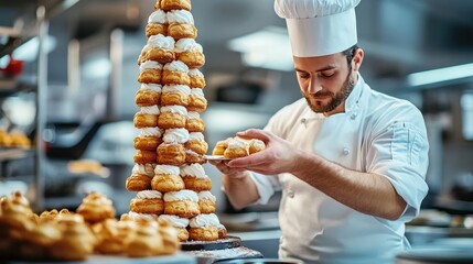 A pastry chef creating a croquembouche, carefully stacking cream puffs into a towering dessert, illustrating the engineering and artistry in pastry