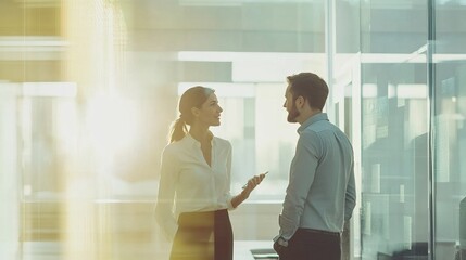 Confident business professionals discussing future plans in a bright office environment, focusing on strategy