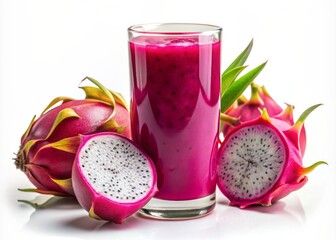 Vibrant glass filled with refreshing dragon fruit juice, garnished with a slice of pink dragon fruit, set against a clean white background with subtle shadows.