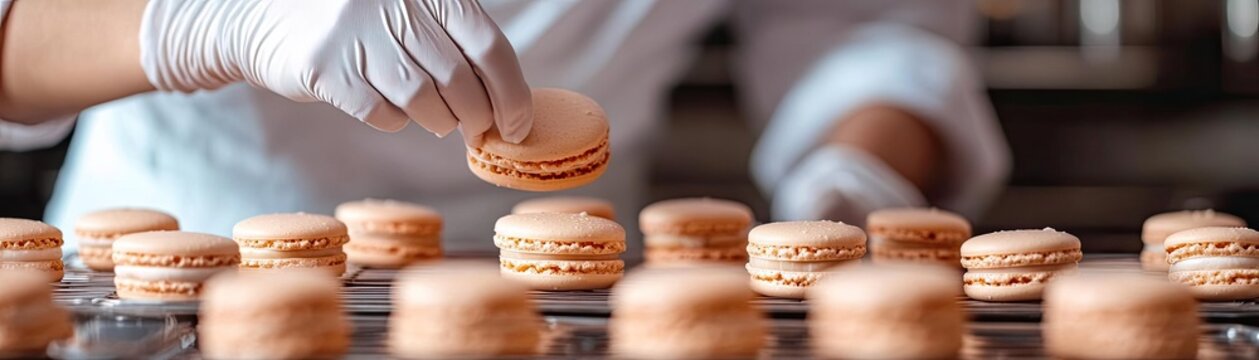 A pastry chef making macarons, piping batter onto trays, and carefully assembling the delicate cookies, showcasing the precision in pastry arts