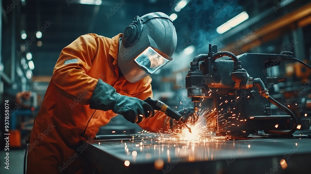 Leinwandbilder Engineers team mechanic using computer controller Robotic arm for welding steel in steel factory workshop Industry robot programming software for automated manufacturing technology : Generative AI