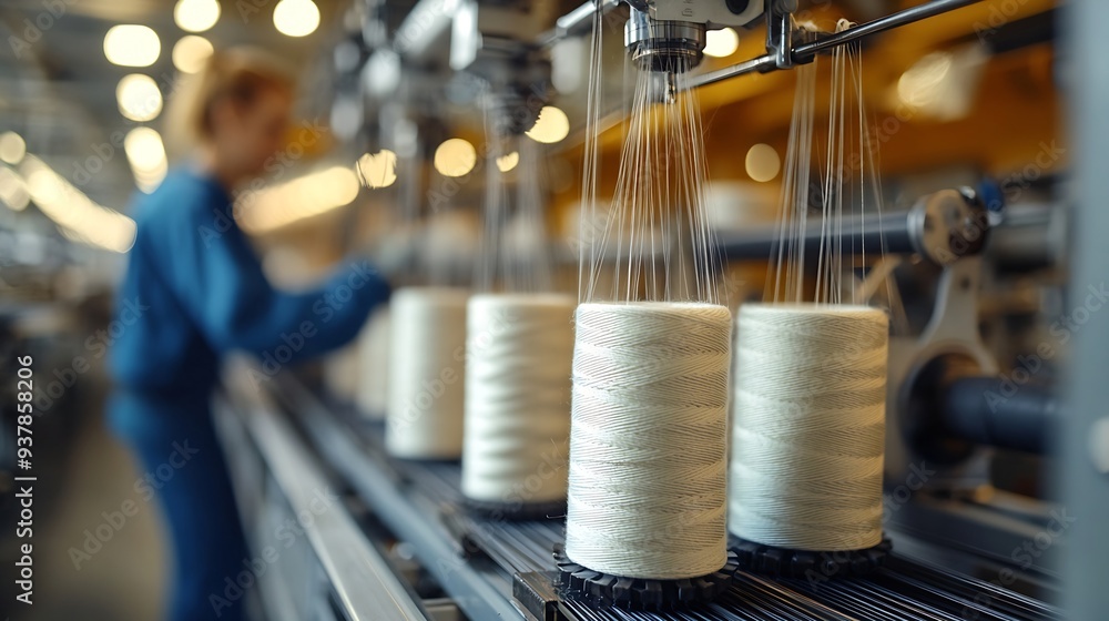 Poster textile industry machine with threads and worker in background : generative ai