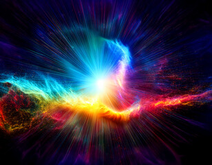 Fototapeta premium abstract cosmic background with rays in blue, orange, purple, yellow hues