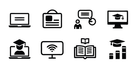 Create a collection of line style icons that represent online education.