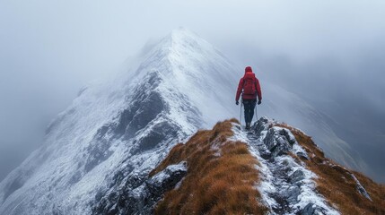 A person climbing a steep mountain trail, despite challenging weather conditions, illustrating the physical and mental resilience required to overcome obstacles