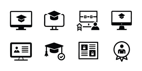 Create a collection of line style icons that represent online learning, education and elearning.