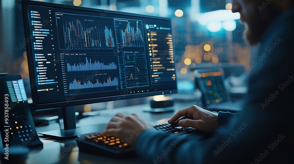 Poster Businessman working with data management system on computer to make report with KPI and metrics connected to database finance operations sales marketing KPI business performance indica : Generative AI