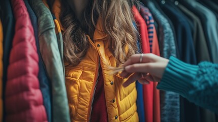 Fototapeta premium Spring cleaningsecond handFast fashion the girl puts things in order in the closet A bunch of colorful clothes The concept of processing second hand eco minimalism consumption of goods : Generative AI