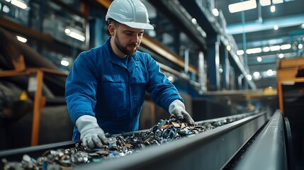 A technician wearing blue overalls and a white helmet operates machinery at an industrial recycling facility where he manages the sorting and processing of refusederived fuel RDF on a  : Generative AI