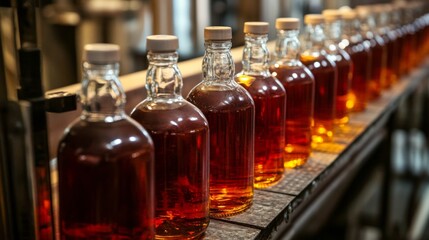 A row of bottles filled with amber liquid on an industrial bottling assembly line, symbolizing modern manufacturing and processing within the beverage industry.