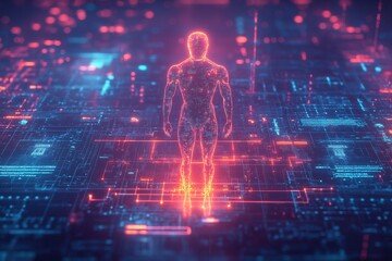Glowing Digital Human in Futuristic Data Environment