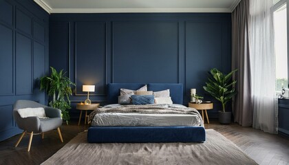 Home Mockup in Cozy Dark Blue Bedroom Interior - 3D Render