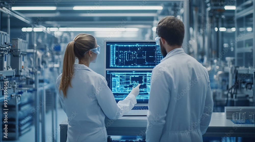 Aufkleber experienced male and female engineers standing on a platform at a modern industrial factory using la