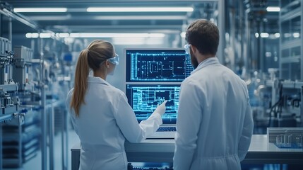 Obraz premium Experienced Male and Female Engineers Standing on a Platform at a Modern Industrial Factory Using Laptop Computer and Discussing Production of Modern Electronics for Artificial Intelli : Generative AI