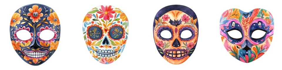 Obraz premium Colorful ornate Day of the Dead face masks with floral and skull designs, perfect for celebrations and decorations, isolated on white background.