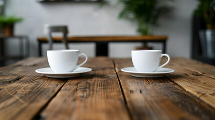 Fototapeta premium Wooden Table With Two Cups And Saucers