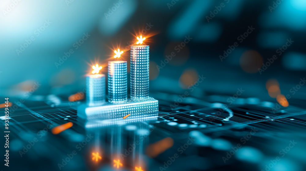 Poster a futuristic visualization shows three ascending bar charts on a digital grid, representing data gro