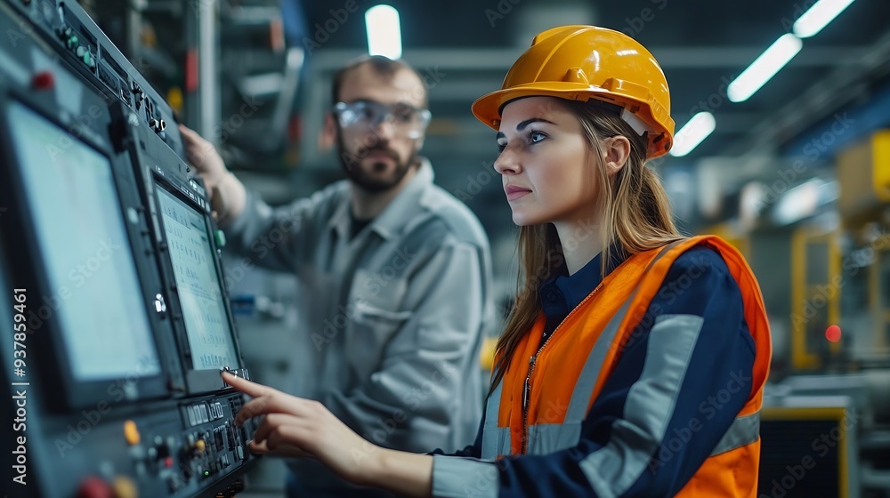 Poster Factory apprenticeship Man mentor teaching Female employees trainee operating machine looking monitors and check Production process machinery foreman explaining woman engineer control  : Generative AI