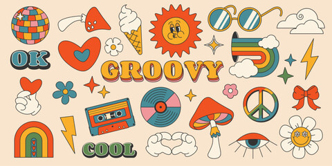 Comic cool set of hand drawn rainbow color elements in groovy style, retro 60s, 70s. With eyes, clouds, flowers, icecream, mushrooms, heart, sun. Isolated vector illustration eps10	

