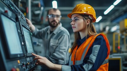 Fototapeta premium Factory apprenticeship Man mentor teaching Female employees trainee operating machine looking monitors and check Production process machinery foreman explaining woman engineer control : Generative AI