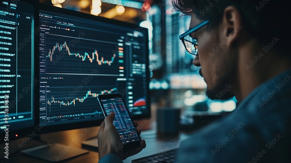 Fototapete focusing on phone with discussing dynamic stock market in two business traders online website compar
