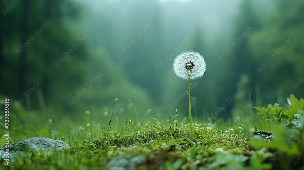 Poster White dandelion in a green grass on a forest meadow Macro image shallow depth of field Abstract summer nature background : Generative AI