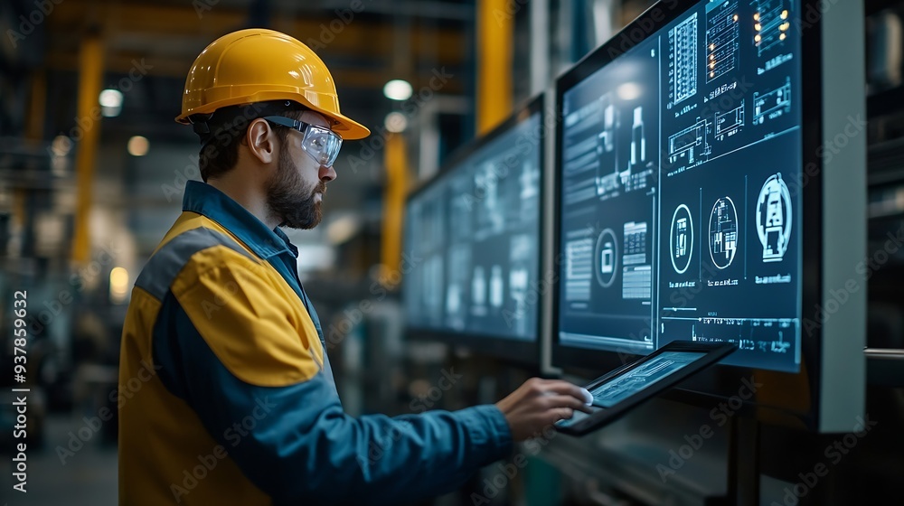 Poster worker following factory production line uses screens with industry internet of things smart factory