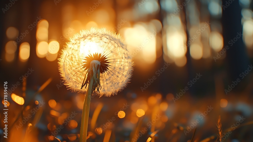 Leinwandbilder White dandelion in a forest at sunset Macro image shallow depth of field Abstract summer nature background : Generative AI