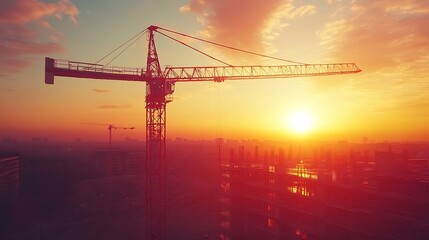 New construction site with crane and mechanical equipments on sunset daylight background construction industry : Generative AI