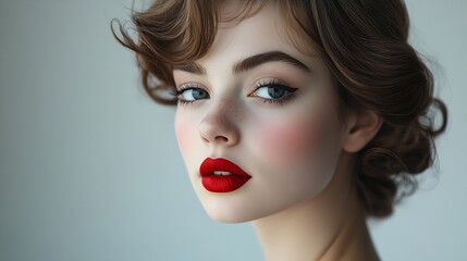 Fototapeta premium Feminine Elegance A Stunning Portrait of a Young Fashion Model with Red Lips and Retro Hairstyle Posing in a White Studio Background : Generative AI