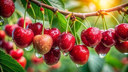 Vibrant red cherries ripe for the picking cling to a garden fruit tree branch surrounded by lush green leaves and glistening water droplets.