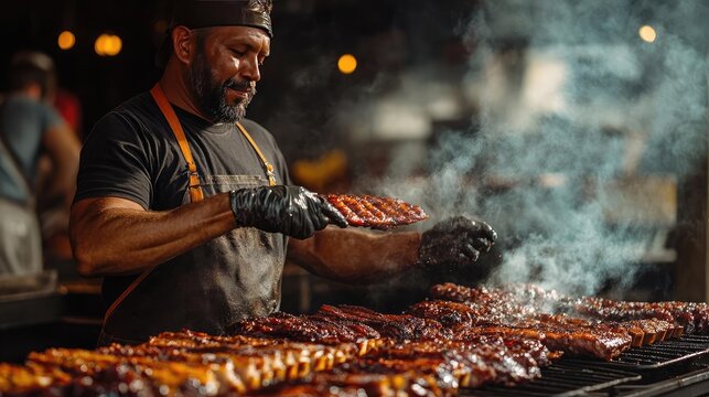 A pitmaster tending to a smoker full of meats, highlighting the skill and patience required in barbecue cooking
