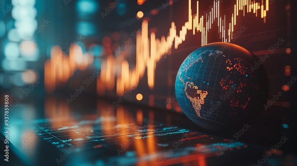 Poster Stock market graphs and data with globe in foreground : Generative AI