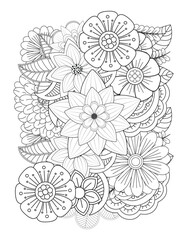 Black and white flower pattern for adult coloring book. Doodle floral drawing. Art therapy coloring page. Black and white flower pattern for adult coloring book. Doodle floral drawing. Art therapy