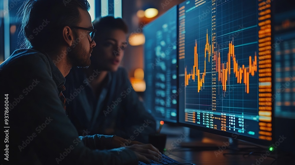 Poster Colleagues in corporate setting analyze market data while examining a digital stock chart displayed on a monitor Concept of business entrepreneurship trade market economics finances : Generative AI