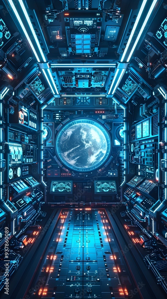 Poster futuristic alien spacecraft cockpit with advanced digital control panels and luminous interfaces