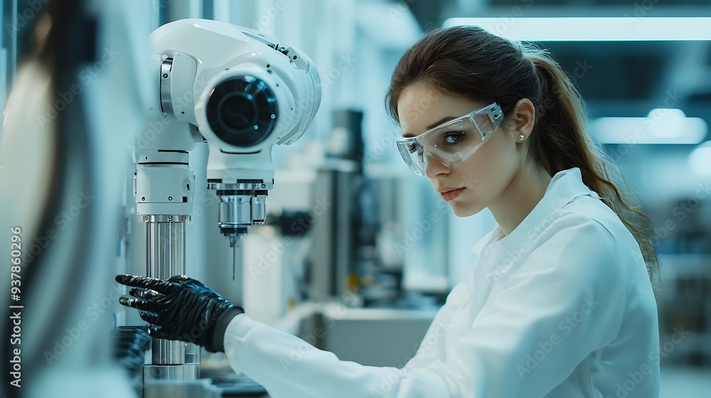 Poster Industrial engineer working on robot maintenance in AI futuristic electronic technology factory Female technician checking automated robotic machine Modern smart woman empowerment in i : Generative AI