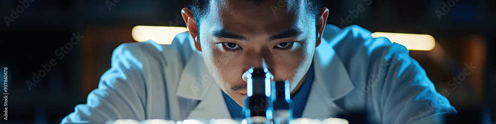 Poster asian man in lab coat, focusing on microscope slides