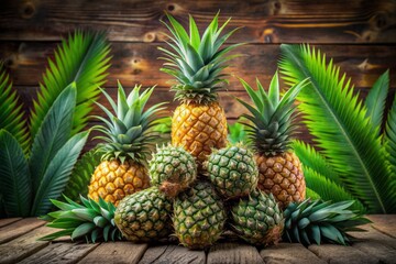 Vibrant fresh pineapples stacked in a pyramid formation, their tough exterior skin glistening in the light, surrounded by lush green leaves, on a rustic wooden surface.