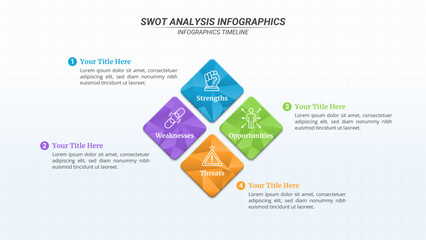SWOT Analysis Infographic With 4 Steps and Editable Text for Business Presentations, Management, and Evaluation.