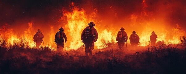Fototapeta premium A team of firefighters working together to control a wildfire, showcasing the resilience and bravery required in high-stress, dangerous situations