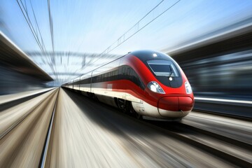 Fototapeta premium This image showcases a high-speed train in rapid motion, racing along the railway tracks, symbolizing modern transportation and technological advancements with a dynamic background.
