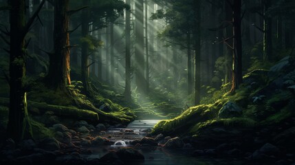 Dark and horrible night forest scenery. Neural network ai generated art