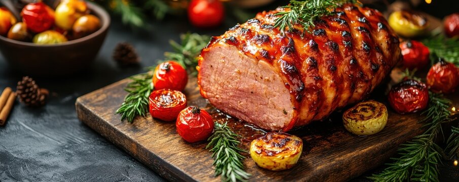 A beautifully glazed holiday ham served on a wooden board, accompanied by roasted vegetables and garnished with fresh rosemary, creating a festive meal.
